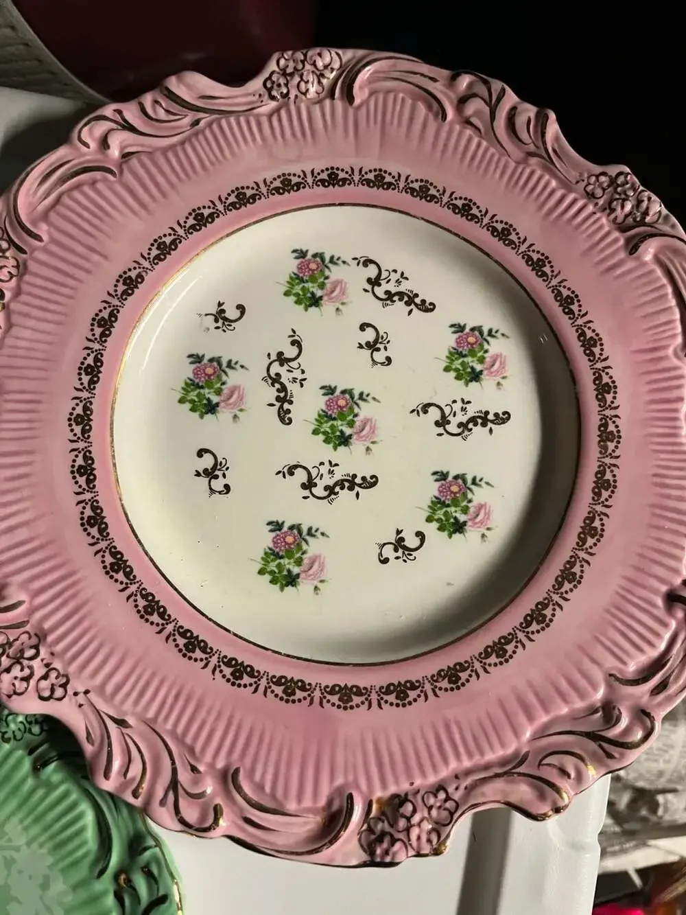 Vintage Baroque Style Scalloped Floral Decorative Plates with Gold Trim